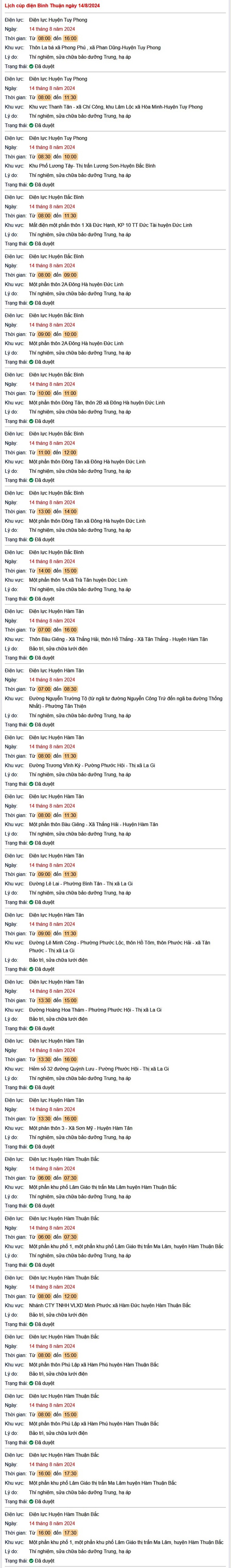 Lịch cúp điện Bình Thuận hôm nay Thứ 4 ngày 14/8- Ảnh 1. Lịch cúp điện Bình Thuận hôm nay Thứ 4 ngày 14/8- Ảnh 1.
