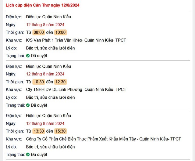 Lịch cúp điện Cần Thơ hôm nay Thứ 2 ngày 12/8- Ảnh 1.