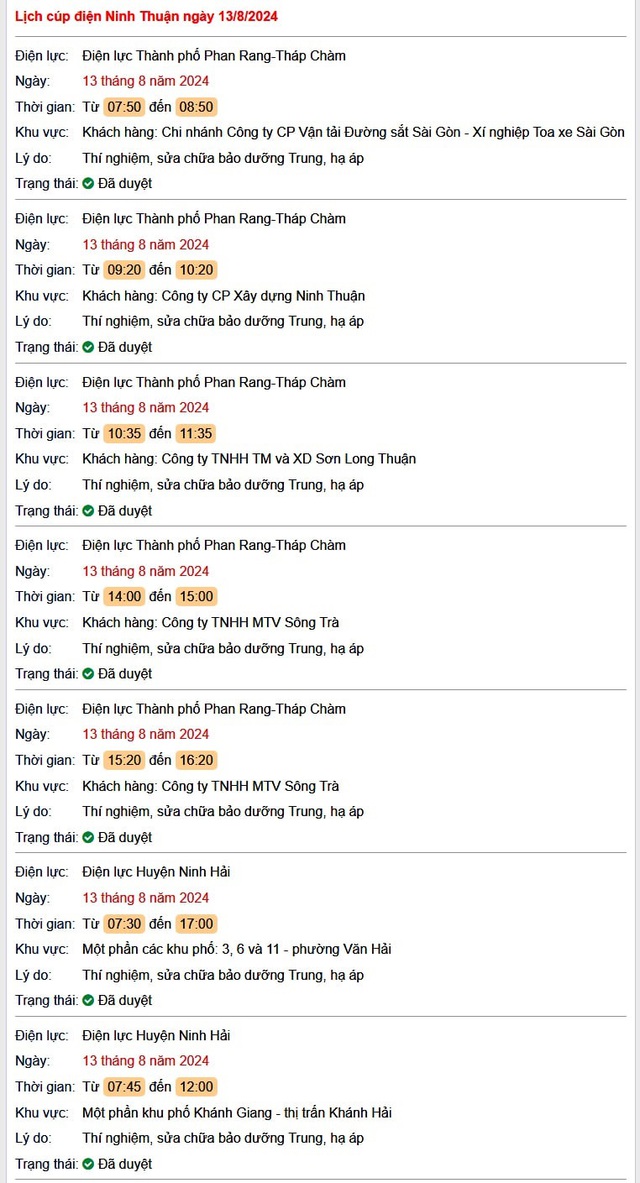 Lịch cúp điện Ninh Thuận hôm nay Thứ 3 ngày 13/8- Ảnh 1.