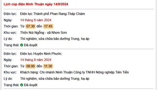 Lịch cúp điện Ninh Thuận hôm nay Thứ 4 ngày 14/8- Ảnh 1. Lịch cúp điện Ninh Thuận hôm nay Thứ 4 ngày 14/8- Ảnh 1.