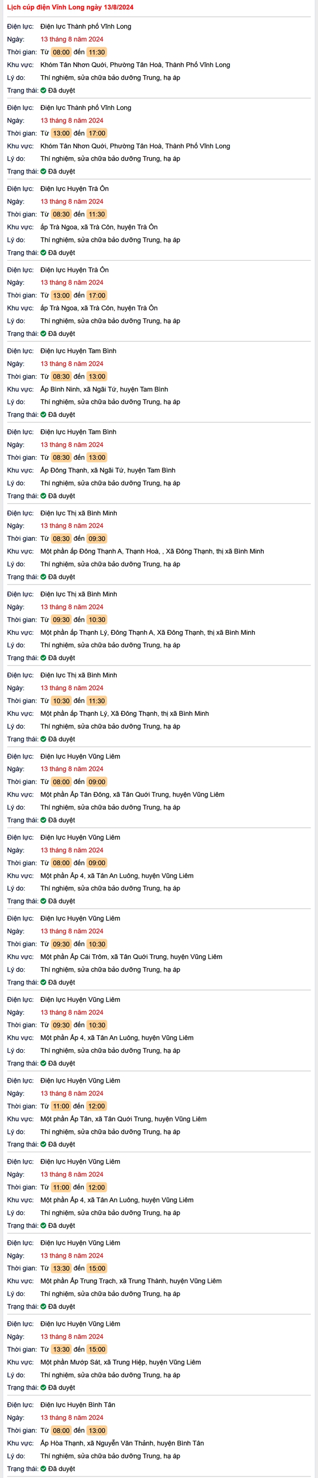 Lịch cúp điện Vĩnh Long hôm nay Thứ 3 ngày 13/8- Ảnh 1. Lịch cúp điện Vĩnh Long hôm nay Thứ 3 ngày 13/8- Ảnh 1.