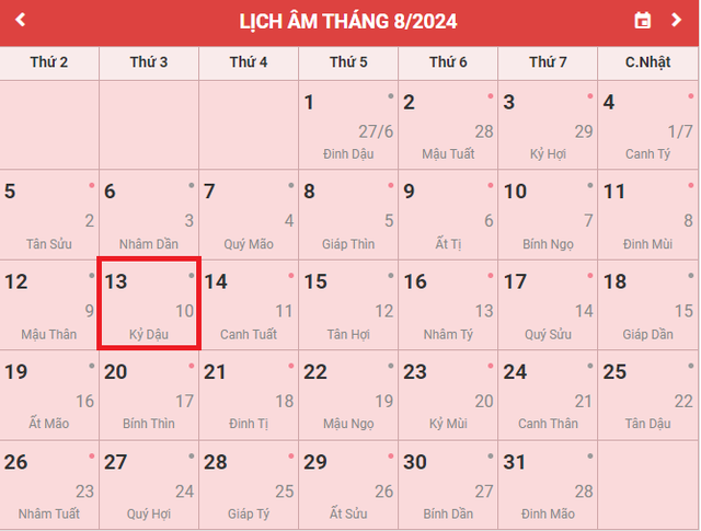 Lịch âm 13/8 - Âm lịch hôm nay 13/8 - Lịch vạn niên ngày 13/8/2024- Ảnh 1. Lịch âm 13/8 - Âm lịch hôm nay 13/8 - Lịch vạn niên ngày 13/8/2024- Ảnh 1.