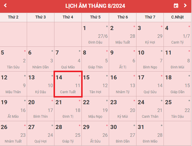 Lịch âm 14/8 - Âm lịch hôm nay 14/8 - Lịch vạn niên ngày 14/8/2024- Ảnh 1. Lịch âm 14/8 - Âm lịch hôm nay 14/8 - Lịch vạn niên ngày 14/8/2024- Ảnh 1.