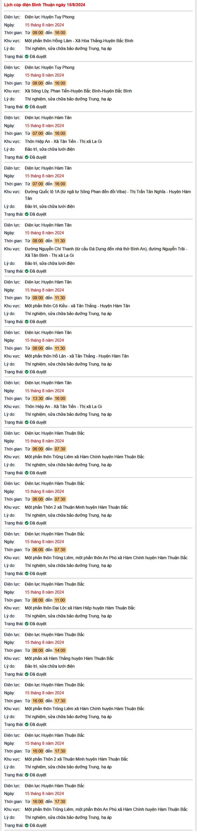 Lịch cúp điện hôm nay ngày 15/8/2024 tại Bình Thuận- Ảnh 1. Lịch cúp điện hôm nay ngày 15/8/2024 tại Bình Thuận- Ảnh 1.