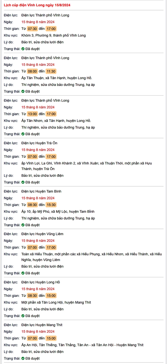 Lịch cúp điện Vĩnh Long hôm nay Thứ 5 ngày 15/8/2024- Ảnh 1. Lịch cúp điện Vĩnh Long hôm nay Thứ 5 ngày 15/8/2024- Ảnh 1.