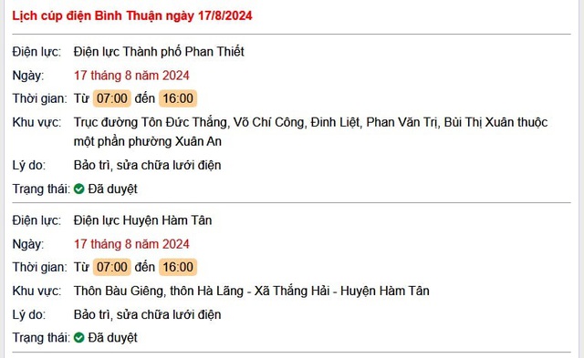Lịch cúp điện Bình Thuận hôm nay Thứ 7 ngày 17/8- Ảnh 1. Lịch cúp điện Bình Thuận hôm nay Thứ 7 ngày 17/8- Ảnh 1.