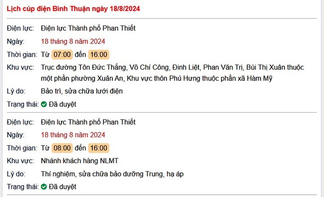 Lịch cúp điện hôm nay Chủ Nhật ngày 18/8/2024 tại Bình Thuận- Ảnh 1. Lịch cúp điện hôm nay Chủ Nhật ngày 18/8/2024 tại Bình Thuận- Ảnh 1.