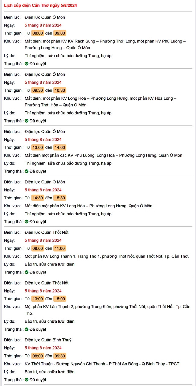 Lịch cúp điện Cần Thơ hôm nay Thứ 2 ngày 5/8- Ảnh 1. Lịch cúp điện Cần Thơ hôm nay Thứ 2 ngày 5/8- Ảnh 1.