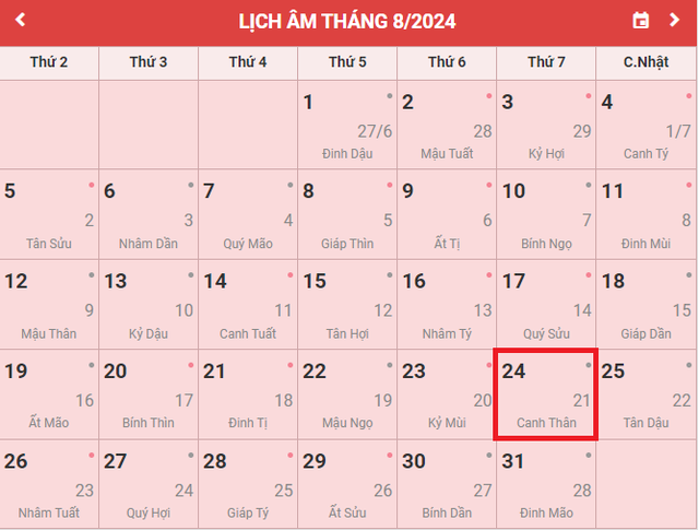 Lịch âm 24/8 - Âm lịch hôm nay 24/8 - Lịch vạn niên ngày 24/8/2024- Ảnh 1. Lịch âm 24/8 - Âm lịch hôm nay 24/8 - Lịch vạn niên ngày 24/8/2024- Ảnh 1.