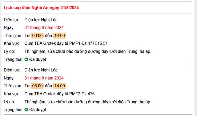 Lịch cắt điện hôm nay Thứ 7 ngày 31/8/2024 tại Nghệ An- Ảnh 1. Lịch cắt điện hôm nay Thứ 7 ngày 31/8/2024 tại Nghệ An- Ảnh 1.