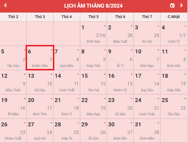 Lịch âm 6/8 - Âm lịch hôm nay 6/8 - Lịch vạn niên ngày 6/8/2024- Ảnh 1.