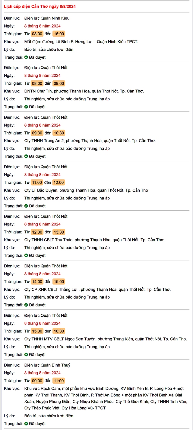 Lịch cúp điện Cần Thơ hôm nay Thứ 5 ngày 8/8- Ảnh 1. Lịch cúp điện Cần Thơ hôm nay Thứ 5 ngày 8/8- Ảnh 1.