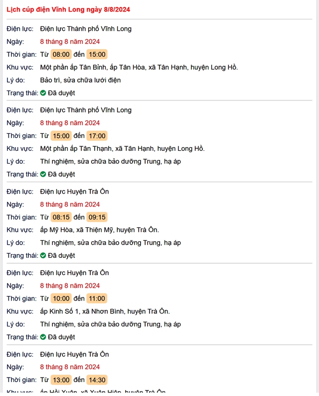 Lịch cúp điện Vĩnh Long hôm nay Thứ 5 ngày 8/8- Ảnh 1. Lịch cúp điện Vĩnh Long hôm nay Thứ 5 ngày 8/8- Ảnh 1.
