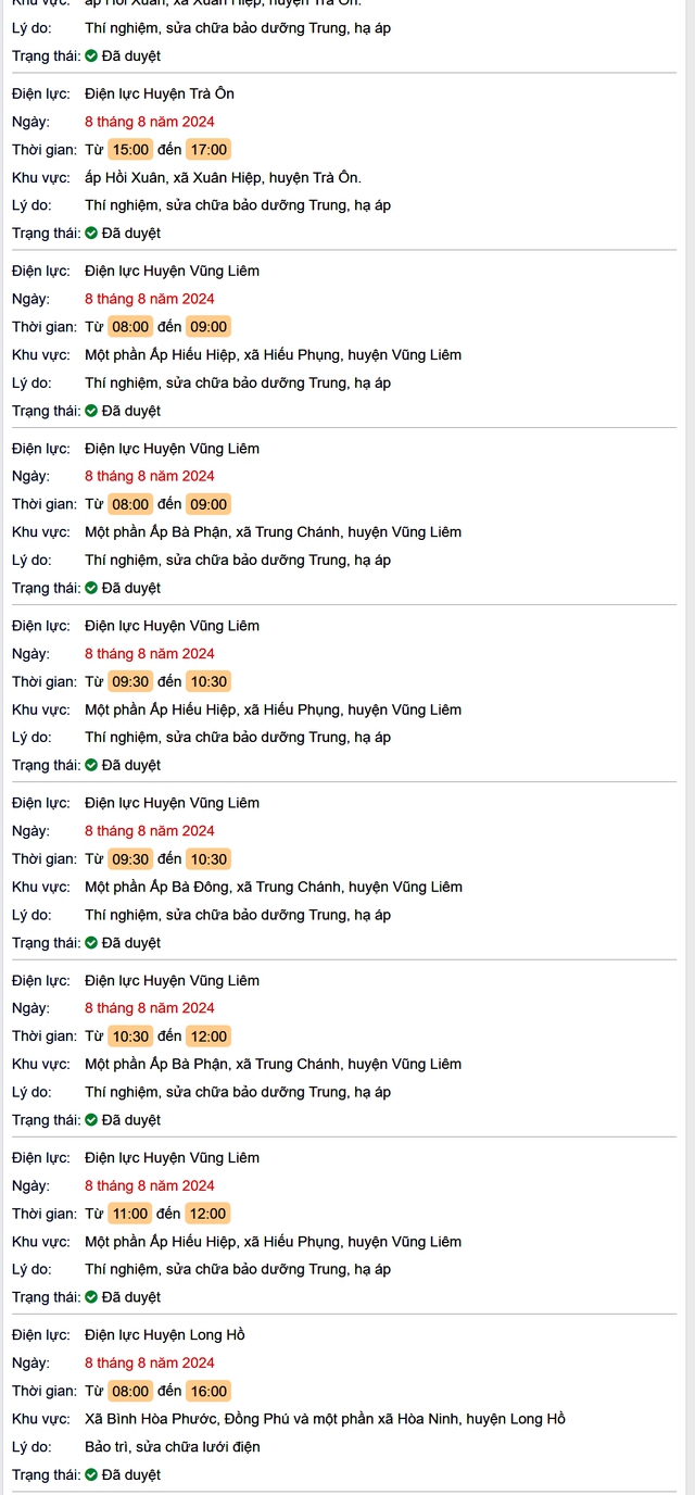 Lịch cúp điện Vĩnh Long hôm nay Thứ 5 ngày 8/8- Ảnh 2. Lịch cúp điện Vĩnh Long hôm nay Thứ 5 ngày 8/8- Ảnh 2.
