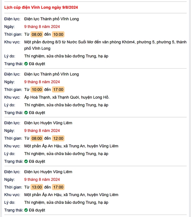 Lịch cúp điện Vĩnh Long hôm nay Thứ 6 ngày 9/8- Ảnh 1. Lịch cúp điện Vĩnh Long hôm nay Thứ 6 ngày 9/8- Ảnh 1.
