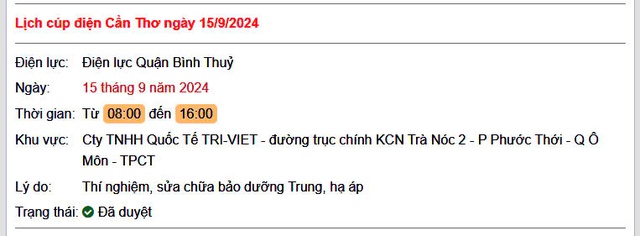 Lịch cúp điện hôm nay Chủ Nhật ngày 15/9/2024 tại Cần Thơ- Ảnh 1. Lịch cúp điện hôm nay Chủ Nhật ngày 15/9/2024 tại Cần Thơ- Ảnh 1.