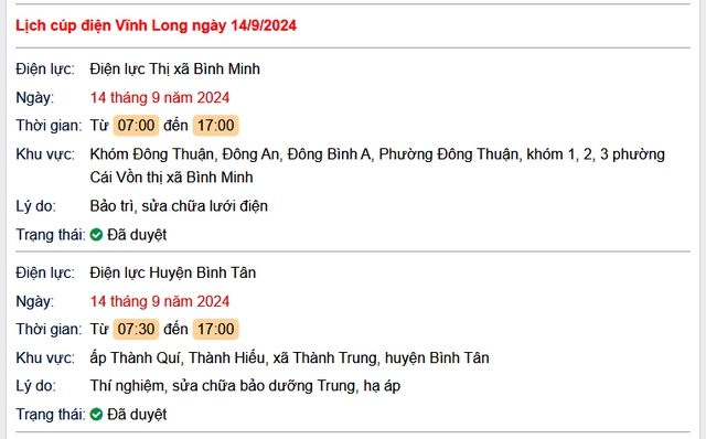 Lịch cúp điện hôm nay Thứ 7 ngày 14/9/2024 tại Vĩnh Long- Ảnh 1.