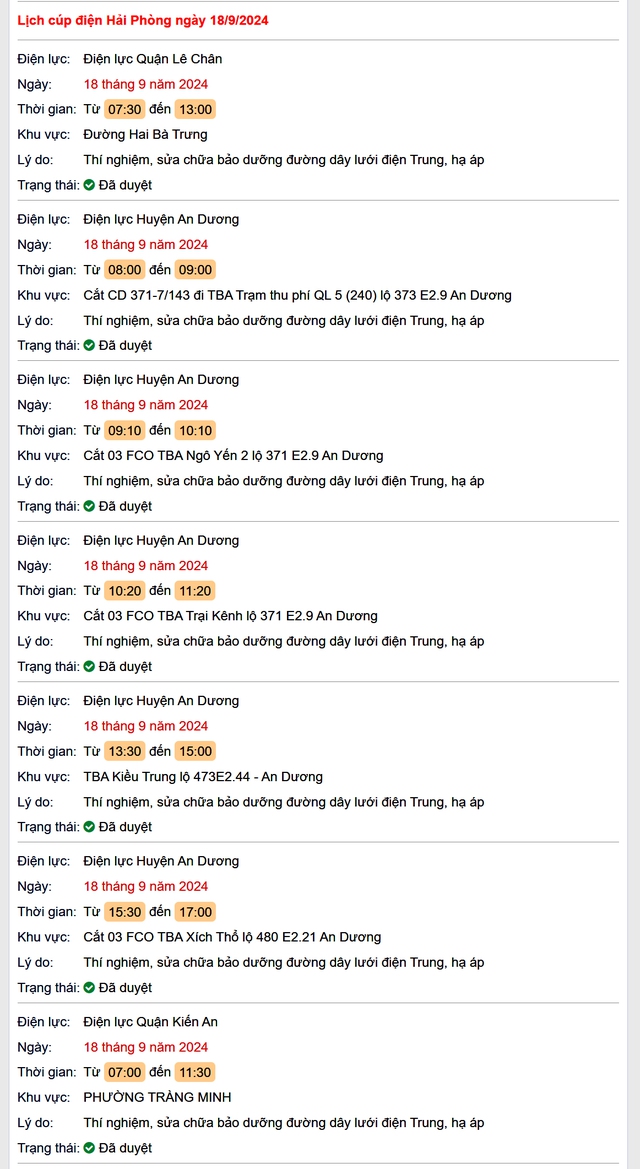 Lịch cắt điện hôm nay Thứ 4 ngày 18/9/2024 tại Hải Phòng- Ảnh 1. Lịch cắt điện hôm nay Thứ 4 ngày 18/9/2024 tại Hải Phòng- Ảnh 1.