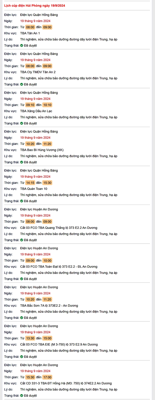 Lịch cắt điện hôm nay Thứ 5 ngày 19/9/2024 tại Hải Phòng- Ảnh 1.