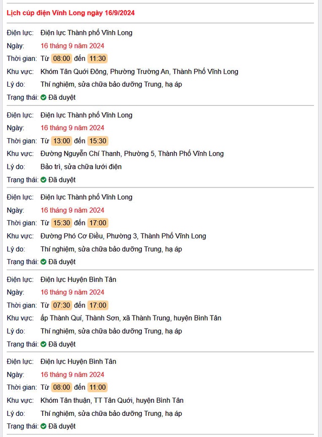 Lịch cúp điện hôm nay Thứ 2 ngày 16/9/2024 tại Vĩnh Long- Ảnh 1. Lịch cúp điện hôm nay Thứ 2 ngày 16/9/2024 tại Vĩnh Long- Ảnh 1.