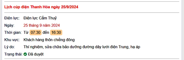 Lịch cắt điện hôm nay Thứ 4 ngày 25/9/2024 tại Thanh Hóa- Ảnh 1.