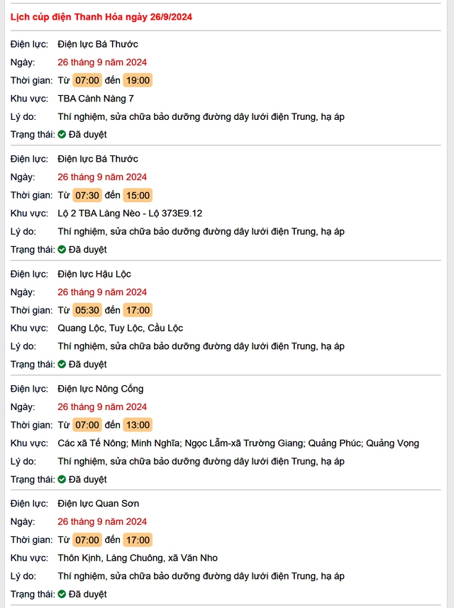 Lịch cắt điện hôm nay Thứ 5 ngày 26/9/2024 tại Thanh Hóa- Ảnh 1. Lịch cắt điện hôm nay Thứ 5 ngày 26/9/2024 tại Thanh Hóa- Ảnh 1.