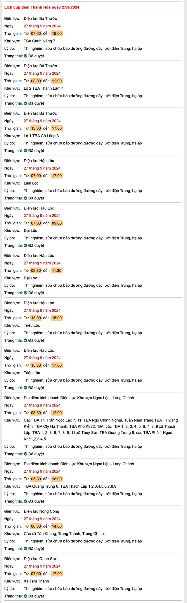 Lịch cắt điện hôm nay Thứ 6 ngày 27/9/2024 tại Thanh Hóa- Ảnh 1. Lịch cắt điện hôm nay Thứ 6 ngày 27/9/2024 tại Thanh Hóa- Ảnh 1.
