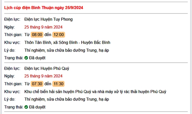 Lịch cúp điện hôm nay Thứ 4 ngày 25/9/2024 tại Bình Thuận- Ảnh 1. Lịch cúp điện hôm nay Thứ 4 ngày 25/9/2024 tại Bình Thuận- Ảnh 1.