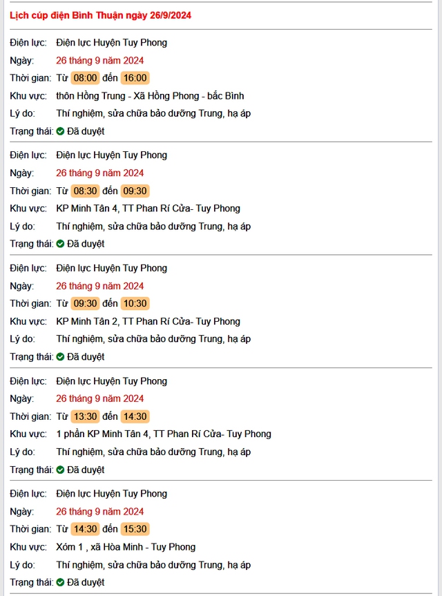 Lịch cúp điện hôm nay Thứ 5 ngày 26/9/2024 tại Bình Thuận- Ảnh 1. Lịch cúp điện hôm nay Thứ 5 ngày 26/9/2024 tại Bình Thuận- Ảnh 1.