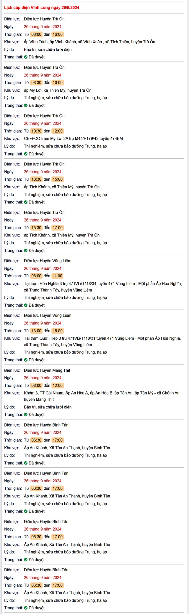 Lịch cúp điện hôm nay Thứ 5 ngày 26/9/2024 tại Vĩnh Long- Ảnh 1. Lịch cúp điện hôm nay Thứ 5 ngày 26/9/2024 tại Vĩnh Long- Ảnh 1.