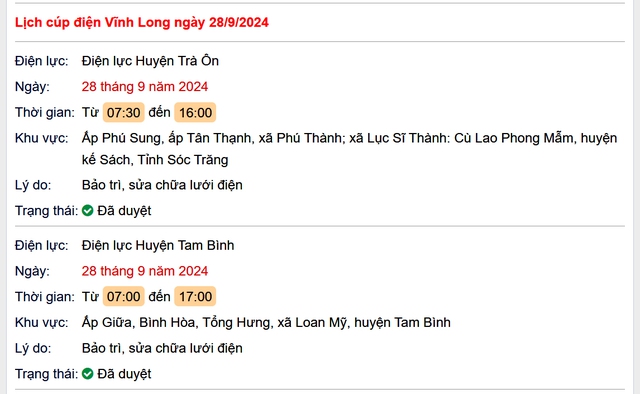 Lịch cúp điện hôm nay Thứ 7 ngày 28/9/2024 tại Vĩnh Long- Ảnh 1. Lịch cúp điện hôm nay Thứ 7 ngày 28/9/2024 tại Vĩnh Long- Ảnh 1.