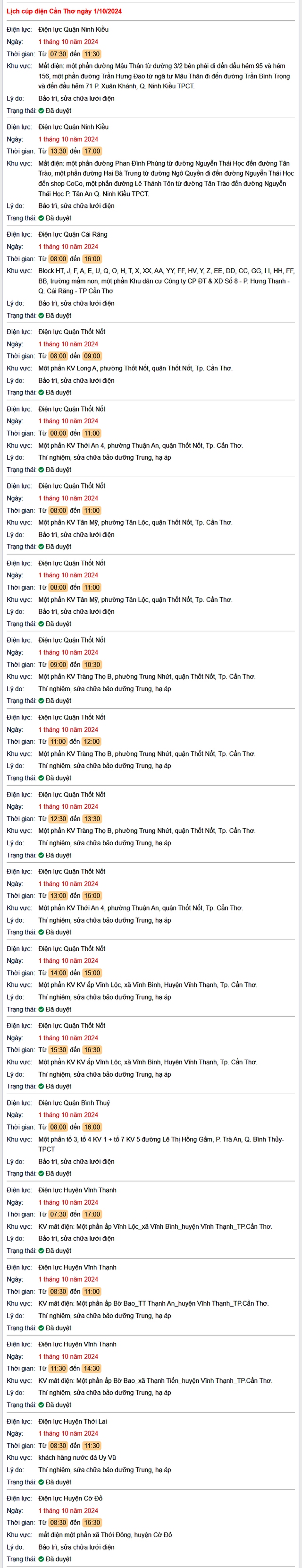 Lịch cúp điện hôm nay Thứ 3 ngày 1/10/2024 tại Cần Thơ- Ảnh 1.