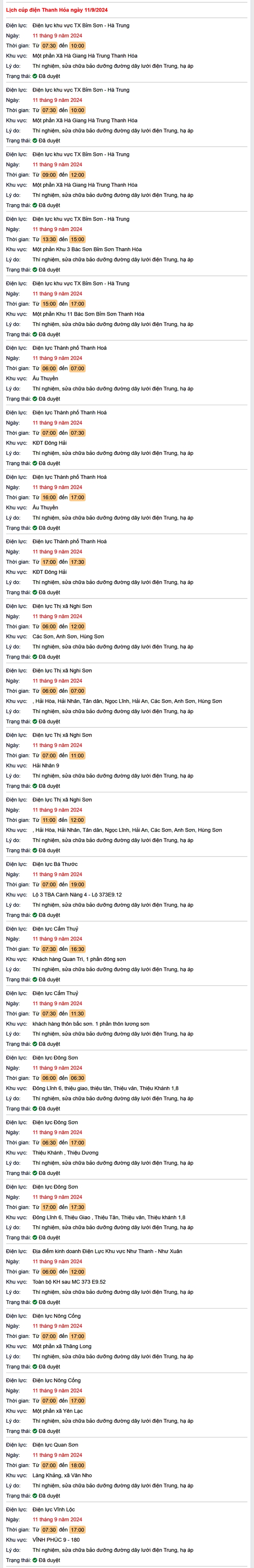 Lịch cắt điện hôm nay Thứ 4 ngày 11/9/2024 tại Thanh Hóa- Ảnh 1. Lịch cắt điện hôm nay Thứ 4 ngày 11/9/2024 tại Thanh Hóa- Ảnh 1.