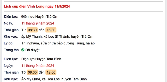 Lịch cúp điện hôm nay Thứ 4 ngày 11/9/2024 tại Vĩnh Long- Ảnh 1. Lịch cúp điện hôm nay Thứ 4 ngày 11/9/2024 tại Vĩnh Long- Ảnh 1.