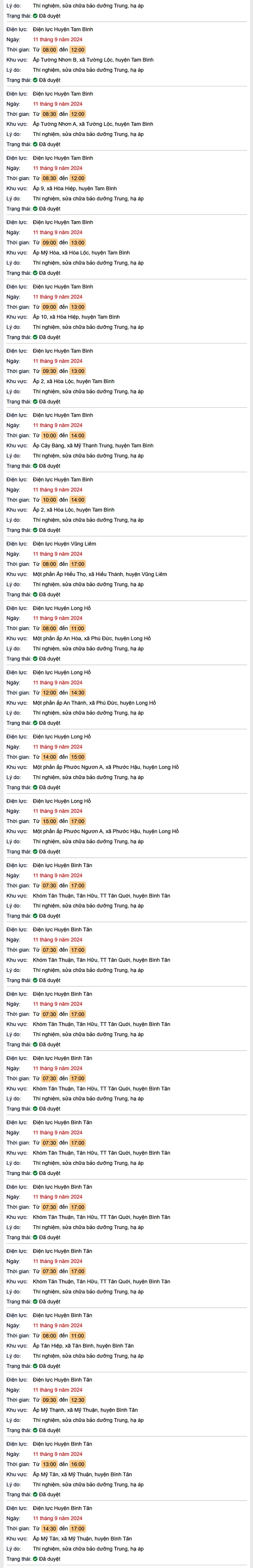 Lịch cúp điện hôm nay Thứ 4 ngày 11/9/2024 tại Vĩnh Long- Ảnh 2. Lịch cúp điện hôm nay Thứ 4 ngày 11/9/2024 tại Vĩnh Long- Ảnh 2.