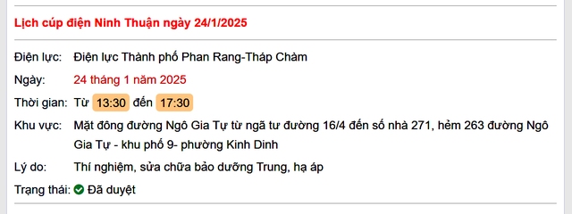 Lịch cúp điện hôm nay Thứ 6 ngày 24/1/2025 tại Ninh Thuận- Ảnh 1.