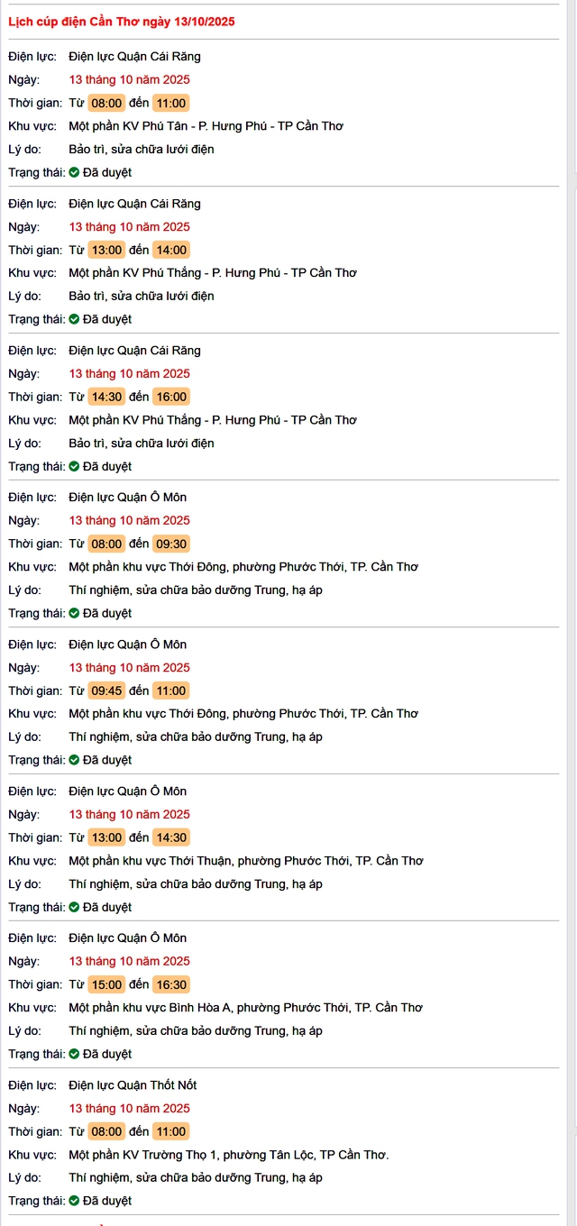 Tra cứu lịch cúp điện hôm nay Thứ 2 ngày 13/10/2025 tại Cần Thơ- Ảnh 1. Tra cứu lịch cúp điện hôm nay Thứ 2 ngày 13/10/2025 tại Cần Thơ- Ảnh 1.