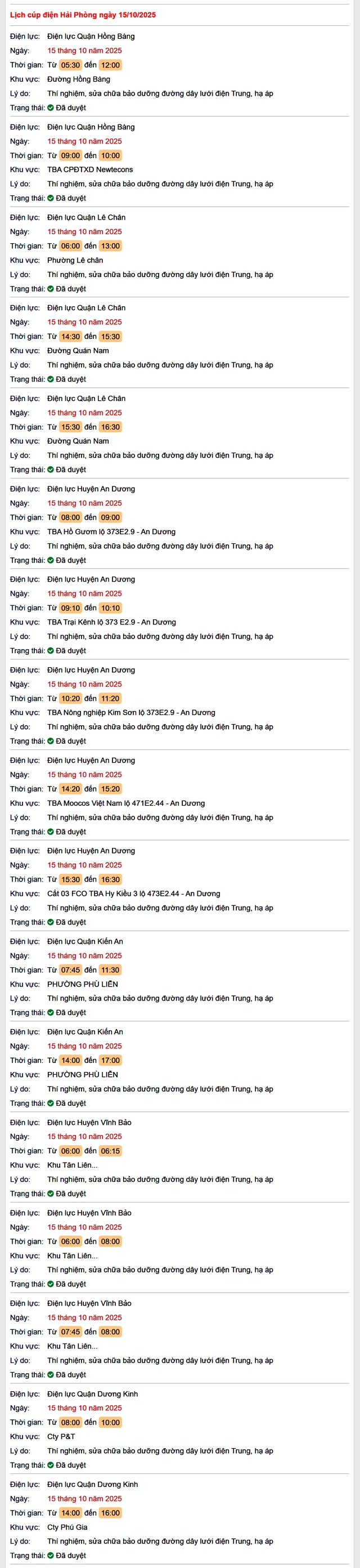 Tra cứu lịch cắt điện Hải Phòng hôm nay Thứ 4 ngày 15/10/2025- Ảnh 1. Tra cứu lịch cắt điện Hải Phòng hôm nay Thứ 4 ngày 15/10/2025- Ảnh 1.