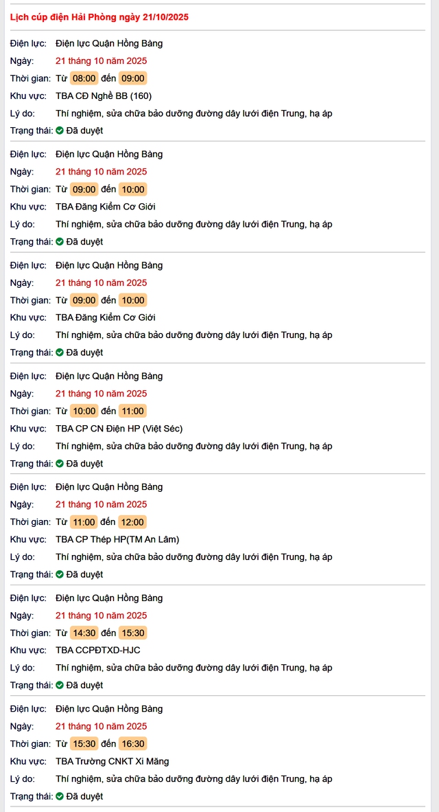Tra cứu lịch cắt điện Hải Phòng hôm nay Thứ 3 ngày 21/10/2025- Ảnh 1. Tra cứu lịch cắt điện Hải Phòng hôm nay Thứ 3 ngày 21/10/2025- Ảnh 1.