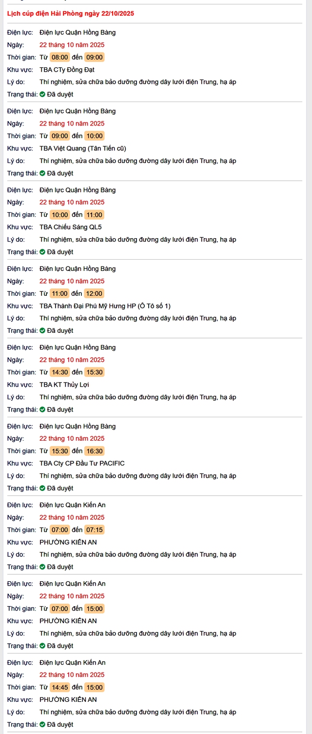 Tra cứu lịch cắt điện Hải Phòng hôm nay Thứ 4 ngày 22/10/2025- Ảnh 1. Tra cứu lịch cắt điện Hải Phòng hôm nay Thứ 4 ngày 22/10/2025- Ảnh 1.