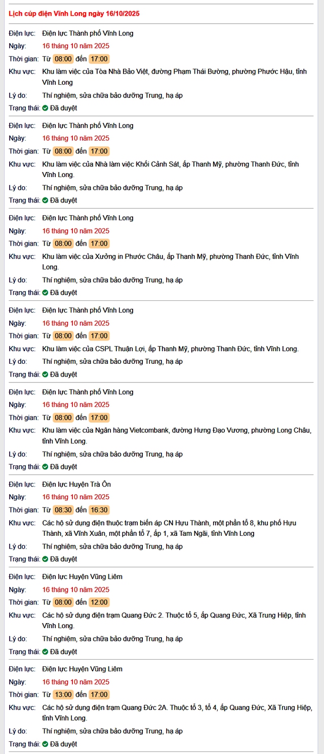 Tra cứu lịch cúp điện hôm nay Thứ 5 ngày 16/10/2025 tại Vĩnh Long- Ảnh 1. Tra cứu lịch cúp điện hôm nay Thứ 5 ngày 16/10/2025 tại Vĩnh Long- Ảnh 1.