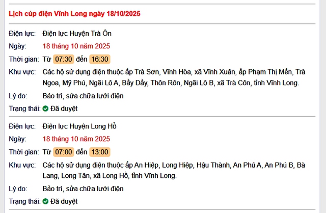 Tra cứu lịch cúp điện hôm nay Thứ 7 ngày 18/10/2025 tại Vĩnh Long- Ảnh 1. Tra cứu lịch cúp điện hôm nay Thứ 7 ngày 18/10/2025 tại Vĩnh Long- Ảnh 1.