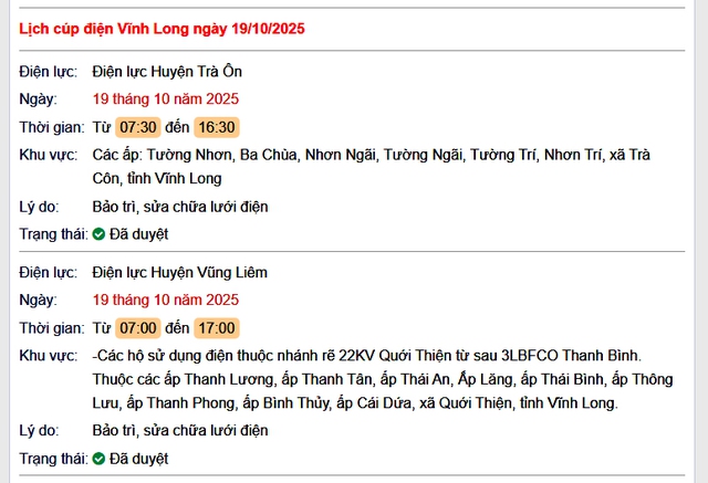 Tra cứu lịch cúp điện hôm nay Chủ Nhật ngày 19/10/2025 tại Vĩnh Long- Ảnh 1. Tra cứu lịch cúp điện hôm nay Chủ Nhật ngày 19/10/2025 tại Vĩnh Long- Ảnh 1.