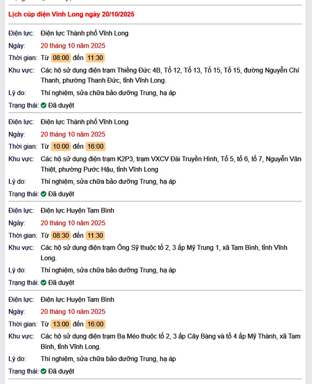 Tra cứu lịch cúp điện hôm nay Thứ 2 ngày 20/10/2025 tại Vĩnh Long- Ảnh 1. Tra cứu lịch cúp điện hôm nay Thứ 2 ngày 20/10/2025 tại Vĩnh Long- Ảnh 1.
