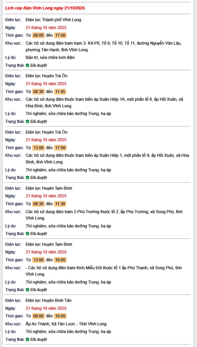 Tra cứu lịch cúp điện hôm nay Thứ 3 ngày 21/10/2025 tại Vĩnh Long- Ảnh 1. Tra cứu lịch cúp điện hôm nay Thứ 3 ngày 21/10/2025 tại Vĩnh Long- Ảnh 1.