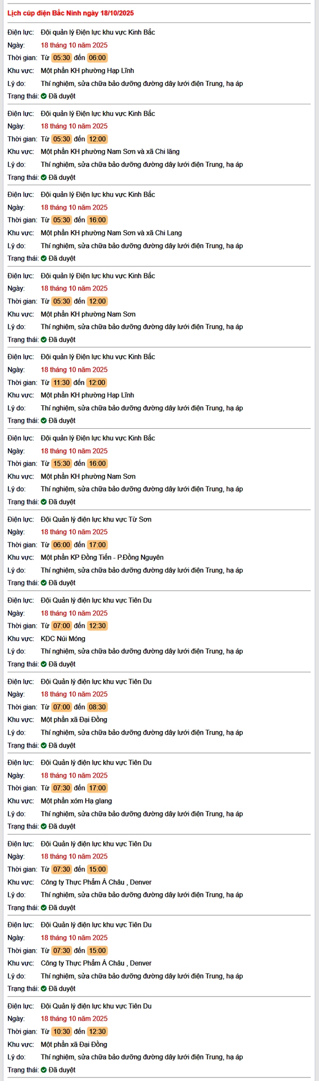 Tra cứu lịch cắt điện Bắc Ninh hôm nay Thứ 7 ngày 18/10/2025- Ảnh 1. Tra cứu lịch cắt điện Bắc Ninh hôm nay Thứ 7 ngày 18/10/2025- Ảnh 1.