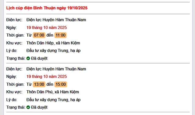 Tra cứu lịch cúp điện hôm nay Chủ Nhật ngày 19/10/2025 tại Bình Thuận- Ảnh 1. Tra cứu lịch cúp điện hôm nay Chủ Nhật ngày 19/10/2025 tại Bình Thuận- Ảnh 1.