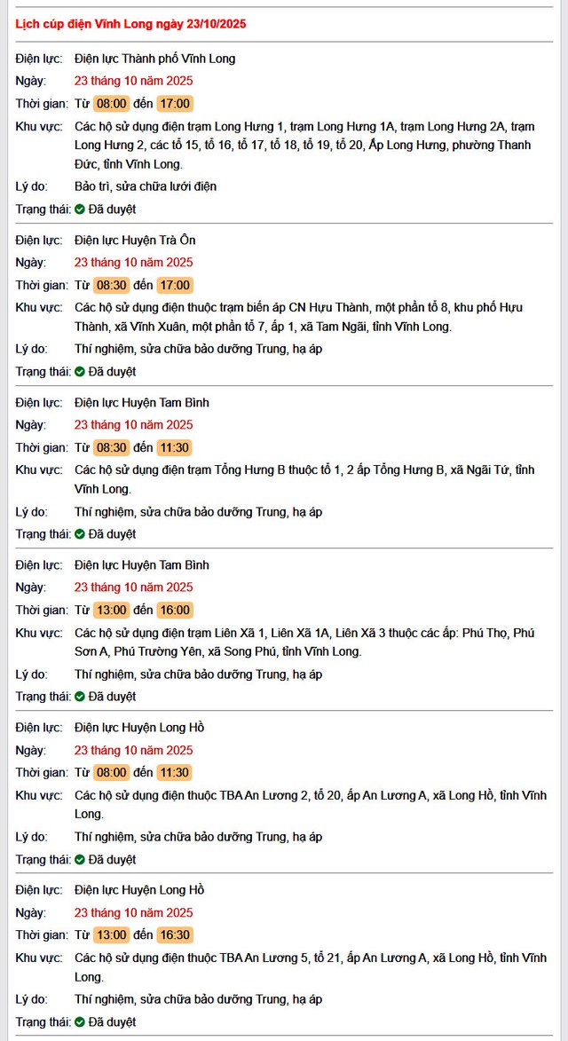 Tra cứu lịch cúp điện hôm nay Thứ 5 ngày 23/10/2025 tại Vĩnh Long- Ảnh 1. Tra cứu lịch cúp điện hôm nay Thứ 5 ngày 23/10/2025 tại Vĩnh Long- Ảnh 1.