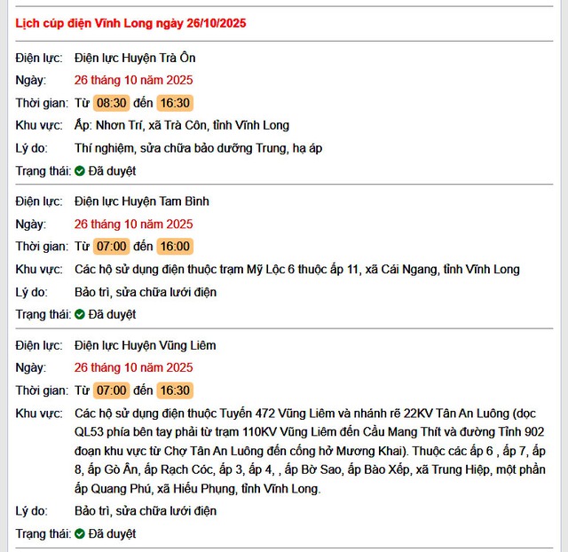 Tra cứu lịch cúp điện hôm nay Chủ Nhật ngày 26/10/2025 tại Vĩnh Long- Ảnh 1. Tra cứu lịch cúp điện hôm nay Chủ Nhật ngày 26/10/2025 tại Vĩnh Long- Ảnh 1.