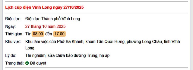 Tra cứu lịch cúp điện hôm nay Thứ 2 ngày 27/10/2025 tại Vĩnh Long- Ảnh 1. Tra cứu lịch cúp điện hôm nay Thứ 2 ngày 27/10/2025 tại Vĩnh Long- Ảnh 1.